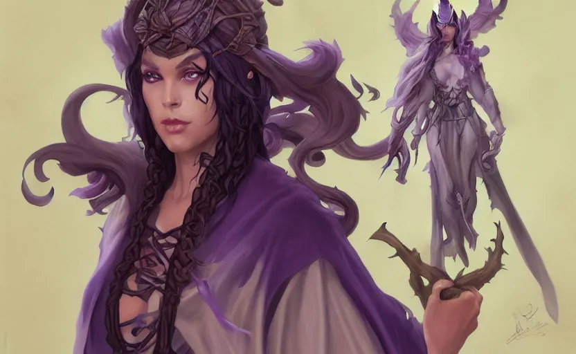 Image similar to Attractive Tiefling Druid, She has light brown skin, dark purple hair, and silver eyes full body, dungeons and dragons portrait, highly detailed, digital painting, artstation, concept art, sharp focus, illustration, art by artgerm and greg rutkowski and alphonse mucha