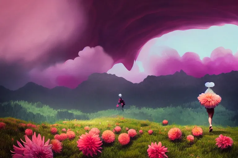 Image similar to giant dahlia flower under head, girl walking on mountain, surreal photography, pink storm clouds, dramatic light, impressionist painting, digital painting, artstation, simon stalenhag