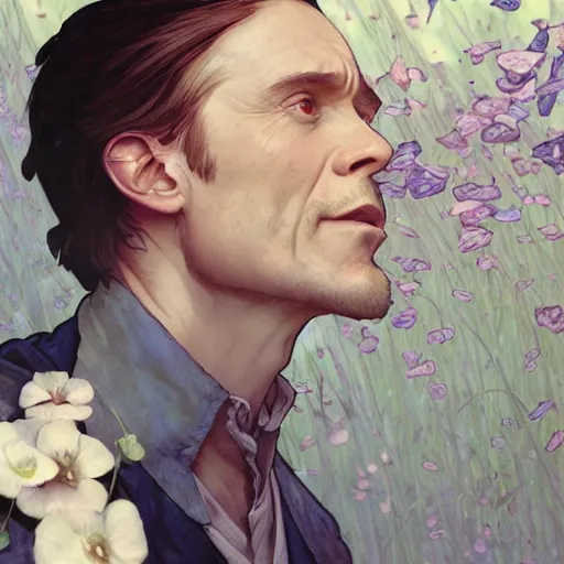 Image similar to a portrait of willem defoe looking up as flower petals flow gently as a breeze blows them from left to right on a cloudy day with blue skies, art by artgerm and greg rutkowski and magali villeneuve and alphonse mucha and rossdraws and makoto shinkai, d & d, fantasy, highly detailed, digital painting, trending on artstation