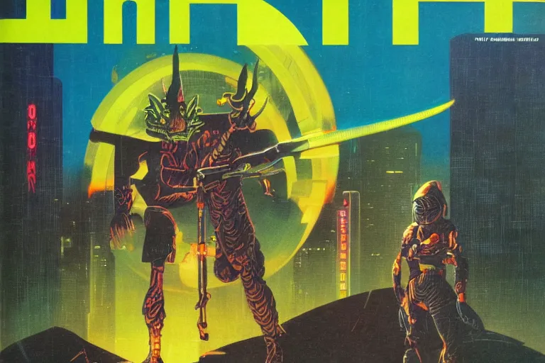 Image similar to 1979 OMNI Magazine Cover of an argonian mage in neo-tokyo style by Vincent Di Fate