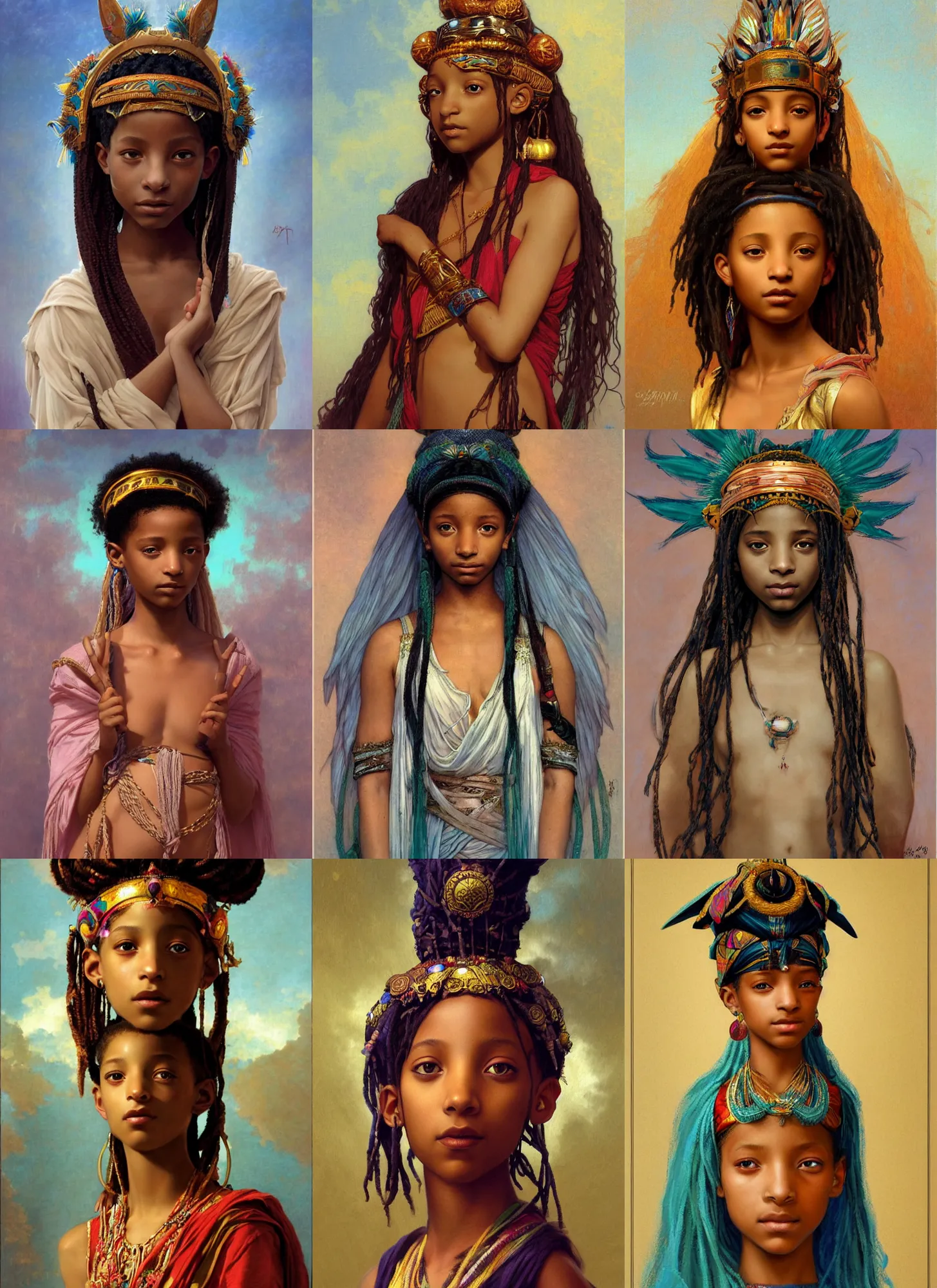 Prompt: willow smith young libyan princess, cyan headdress, highly detailed, artstation, concept art, sharp focus, illustration, orientalism, bouguereau, briclot, rutkowski, mucha