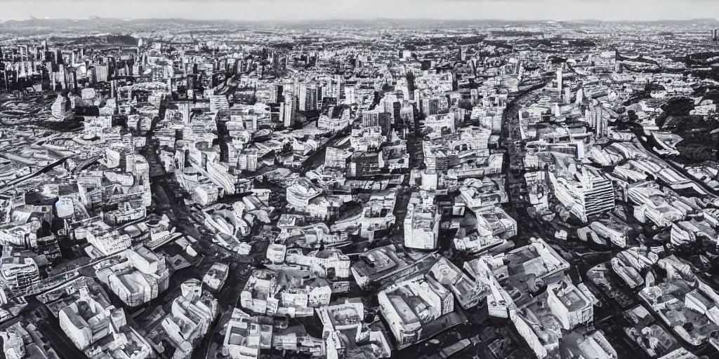 Image similar to drone view of a city with a large road through, Brutalist architecture,sharp focus,telephoto lens,digital art by Victor Mosquera 4k