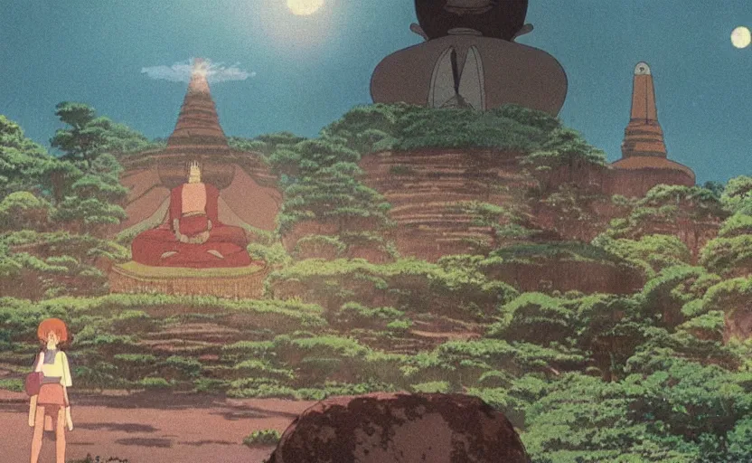 Image similar to movie still from studio ghibli movie showing a highly detailed landscape with a giant buddha walking through a valley. a ufo is in the sky. 1 9 8 0's science fiction, 1 9 7 0's science fiction, misty, depth perception, 4 k