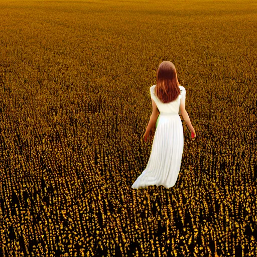 Prompt: aerial shot, a beautiful photo of a petite brunette girl in a very wide transparent sheer fabric white dress standing on a bright yellow rye field, a lot of clouds, photo from the back, 135mm, trending on artstation, hyper detailed, hyper realistic, chrome accents, mild, ethereal, elegant, tender