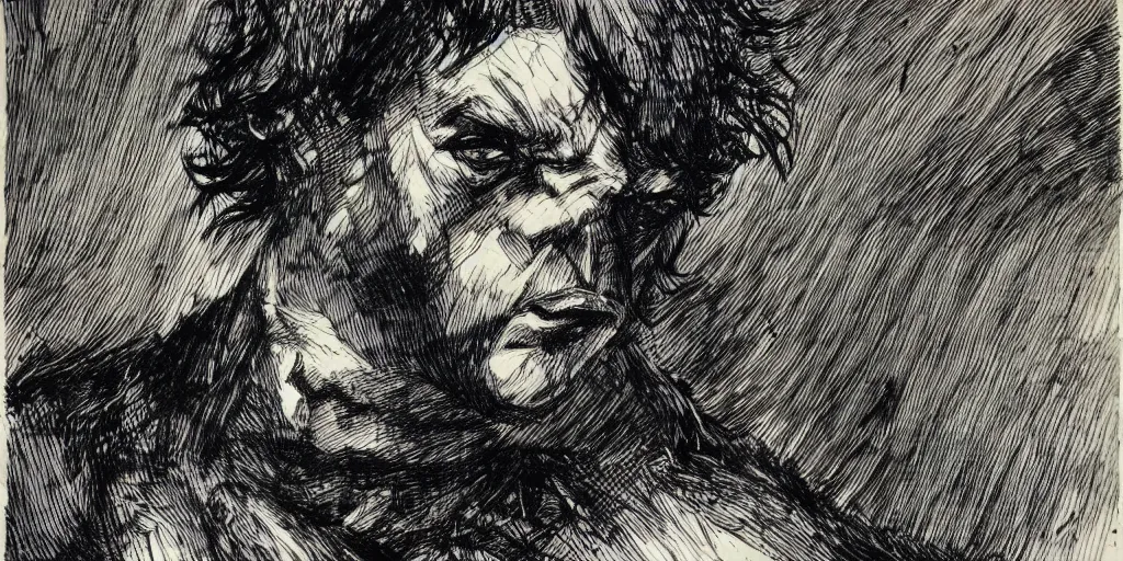 Prompt: ink lineart drawing of an angry man, white background, etchings by goya, chinese brush pen illustration, high contrast, deep black tones, contour