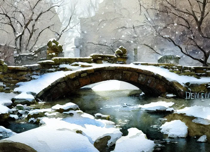 Image similar to watercolor of rustic stone bridge with mural, ivy, in winter landscape, glistering, high detailed art by dennis miller bunker, work by anders zorn, wonderful masterpiece by greg rutkowski, beautiful cinematic light, american romanticism by greg manchess, creation by tyler edlin