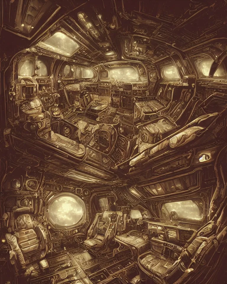 Prompt: intricate detailed victorian goth interior of a vintage 1 9 7 0 s spaceship cockpit by peter mohrbacher and dan mumford, cgsociety, volumetric light