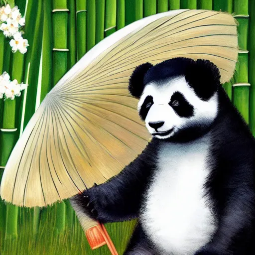 Prompt: cute fluffy baby panda holding a parasol, background of bamboo and cherry blossom trees, detailed painting 4 k