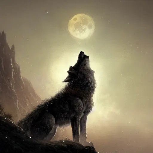 Prompt: a stunning ultra detailed fantasy fine art photo of a wolf howling at a full moon, by greg rutkowski and thomas kinkade, night, very detailed, cinematic, soft lighting, artstation, highly coherent, 8 k
