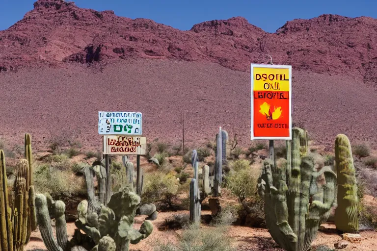 Prompt: photo of a hotel in a desert with alot of cactus with a sign of warning, 4k