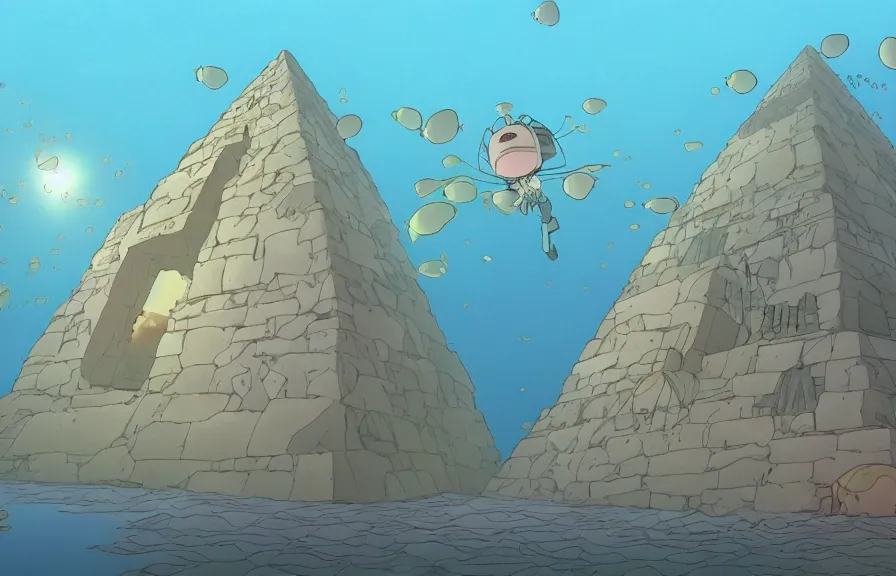 Image similar to a cell - shaded cartoon from howl's moving castle ( 2 0 0 4 ) showing several pyramids underwater at the bottom of the sea. shafts of sunlight come from above. wide shot, very dull muted colors, hd, 4 k, hq