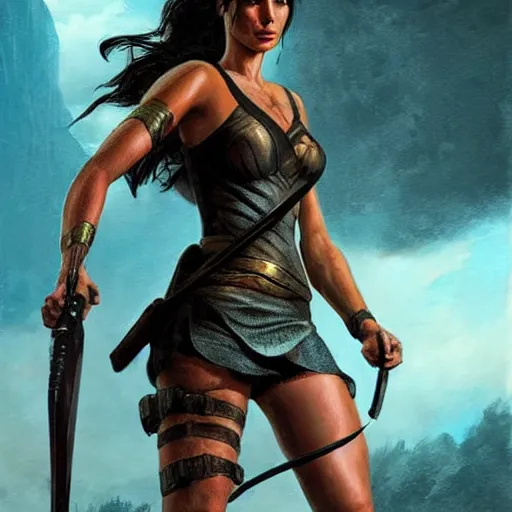 Image similar to Gal Gadot as Tomb Raider. Moody light. Girl power. Movie poster art. Boris Vallejo