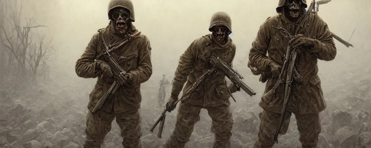 Image similar to an extremely detailed dark macabre photorealistic matte portrait of a soviet war soldier fighting zombies in a nuclear winter by J.C Leyendecker and Zdzisław Beksiński , Vietnam horror, destroyed street liminal space, dramatic lighting, trending on artstation, 8K, HDR, I cant believe how nightmarish this is