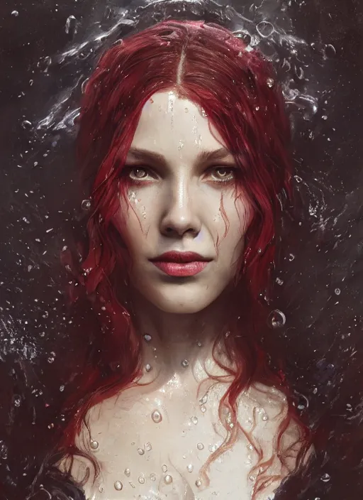 Image similar to A fancy portrait of the Scarlet Witch with her head submerged in water by Greg Rutkowski, Sung Choi, Mitchell Mohrhauser, Maciej Kuciara, Johnson Ting, Maxim Verehin, Peter Konig, Bloodborne, 8k photorealistic, cinematic lighting, HD, high details, dramatic, atmospheric , trending on artstation