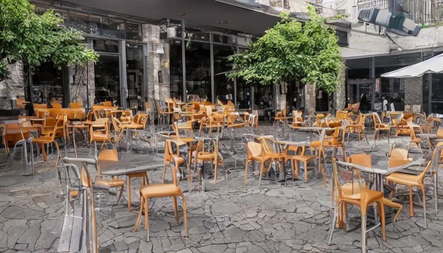 Image similar to a huge pile of chairs along outside the walls of the restaurant, hyperrealistic shaded