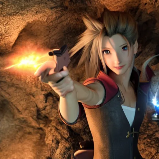 Image similar to gently smiling aerith gainsborough firing a handgun in a cave, killing sephiroth instantly. high detail sharp detail 4k UHD v-ray artwork, official media