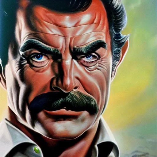 Image similar to ultra realistic head and shoulders portrait painting of tom selleck as the riddler, art by frank frazetta, 4 k, ultra realistic, highly detailed, epic lighting