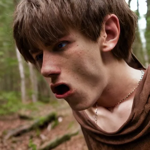 Image similar to macro face shot, teenage boy, around 1 9 years old with necklace, natural brown hair, loincloth, pale skin, detailed face. screaming in ominous and eerie looking forest. natural colors. realistic photo.