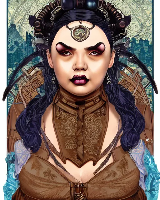 Prompt: a detailed portrait illustration of a steampunk witch - gunslinger. beautiful obese black female face. blue asian eyes. goth chinese aesthetic. art nouveau, pop art, comic book style. influenced by neil gaiman, h. p. lovecraft, dan mumford, android jones, tim burton, killian eng, ross tran, mao hamaguchi.