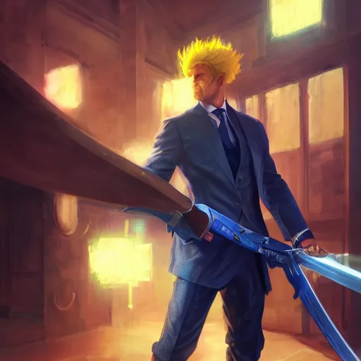 Prompt: a man with blonde hair in a blue suit wielding a large sword and a gun in a holster, fantasy, digital painting, volumetric light, intricate, sharp, focus, bloom, illustration, highly detailed, concept art, matte, ruan jia, randy vargas, greg rutkowski