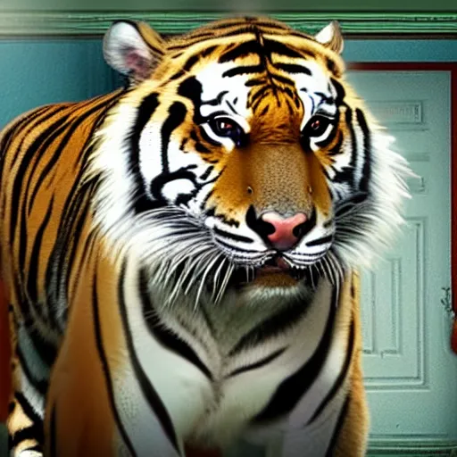 Prompt: a tiger is trapped in the backrooms, found footage, vhs, chromatic aberration, teaser trailer