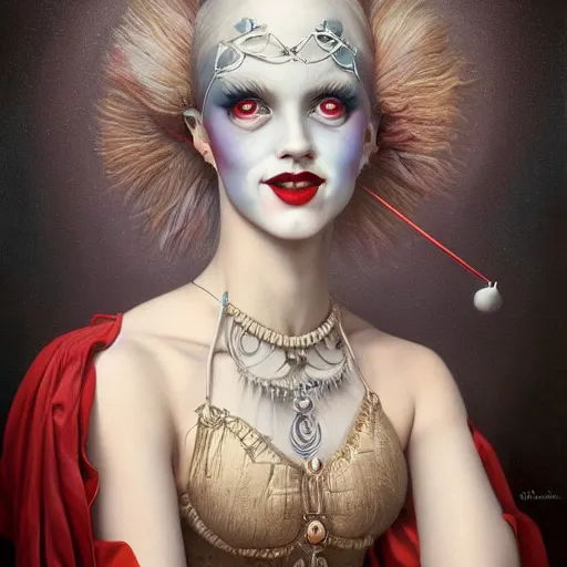 Prompt: artstyle by Tom Bagshaw, ultra realist soft painting of a curiosities carnival, single beautiful female clown with a big smile in a long dress, symmetry accurate features, very intricate details, focus, curvy, award winning
