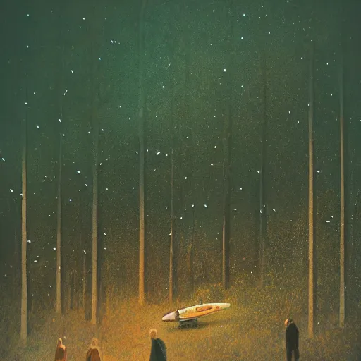 Image similar to spaceship in an autumn forest, snowing, green and brown tones, by Aron Wiesenfeld and beksincki, in the style Bev dolittle, cinematic, detailed illustration, nature, fog, dark colors, suspense, intricate, 8k in the style