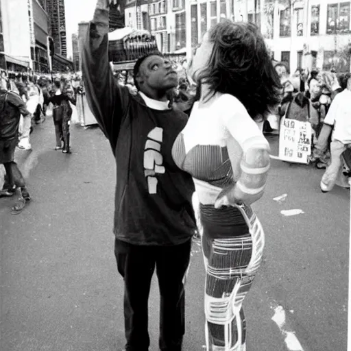 Image similar to Kamala Harris on steroids, 1990s street performer