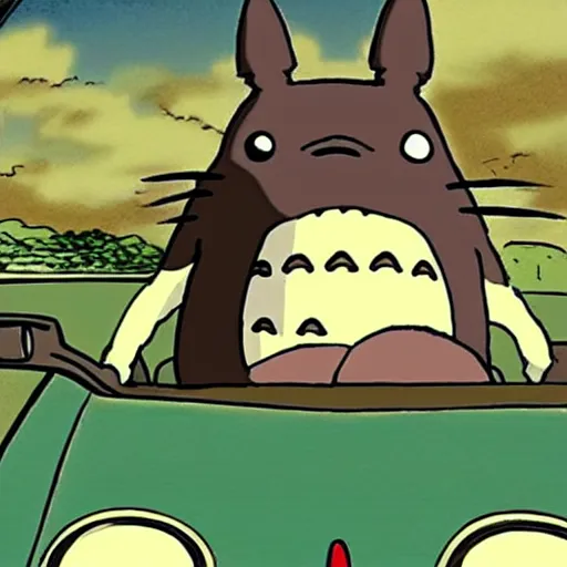 Prompt: totoro driving in a car, cartoon style,
