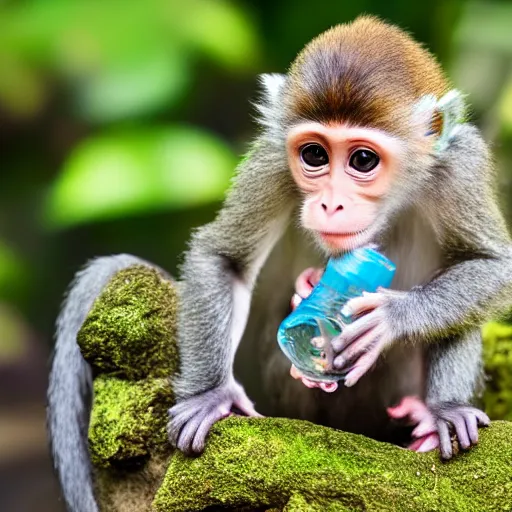 Prompt: cute baby monkey drinking water, 4k, realistic photo,