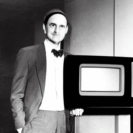 Image similar to full body man in suit with wearing a cathode ray tube TV on his head