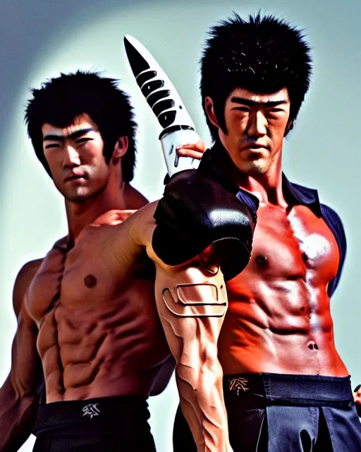 Image similar to Photograph of handsome muscular Japanese actor dressed as Kenshiro from fist of the North Star and as his evil brother Jagi who is wearing a face mask and body armor, photorealistic, photographed in the style of Annie Leibovitz