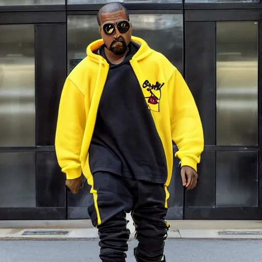 Image similar to kanye west in a yellow pikachu hoody