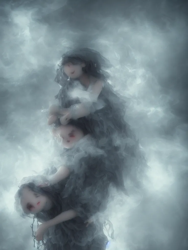 Prompt: cute fumo plush of a cursed frail witch girl held tight in the arms of a ghost mother, hugging, melting volumetric smoke and fog, environment map pbr reflective stormy water, gothic maiden, bokeh, vignette, vray