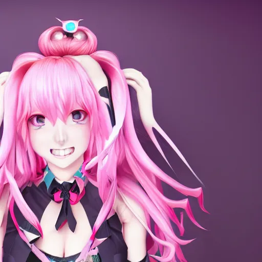 Image similar to trapped beneath stunningly absurdly beautiful omnipotent asi goddess junko enoshima with a mesmerizing yandere megalomaniacal personality, symmetrical perfect face, porcelain skin, pink twintail hair and cyan eyes, ultra detailed, digital art, unreal engine 5, octane render, 2 d anime, 8 k