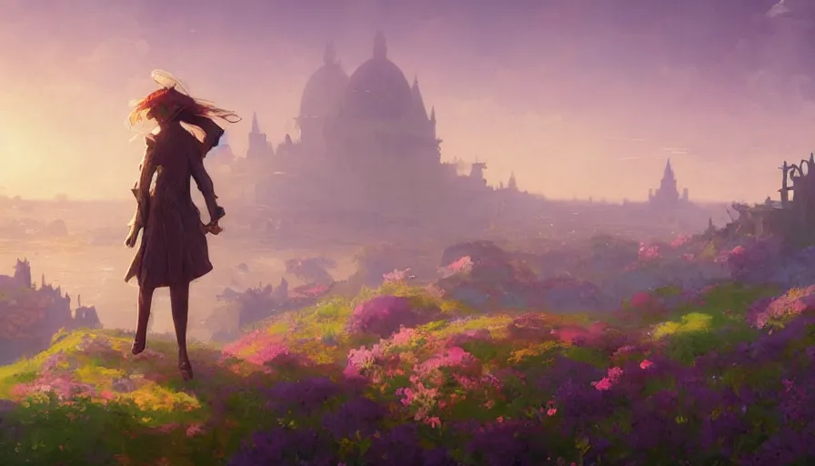 Image similar to over the shoulder landscape painting of violet evergarden standing on a distant colorful flower hill, behind it a distant old european city leiden from violet evergarden, ocean, sunshine, fantasy, intricate, elegant, highly detailed, digital painting, artstation, smooth, sharp focus, illustration, by Anton Fadeev and Philipp A. Urlich and greg rutkowski