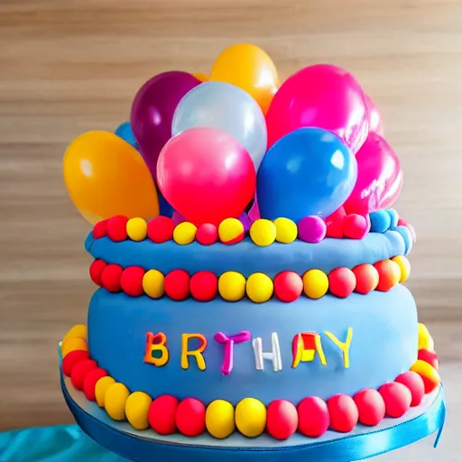 Image similar to a giant birthday cake with plenty of birthday balloons surrounding it