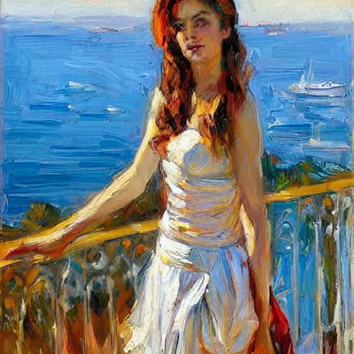 Prompt: the maiden standing on the balcony overlooking the aegean sea by andrew atroshenko impressionist portrait