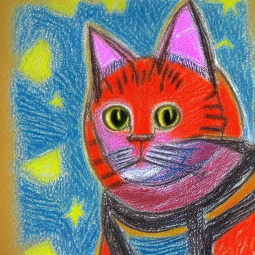 Image similar to An oil pastel drawing of an annoyed cat in a spaceship