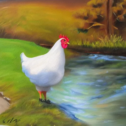 Image similar to a chicken next to a stream oil painting