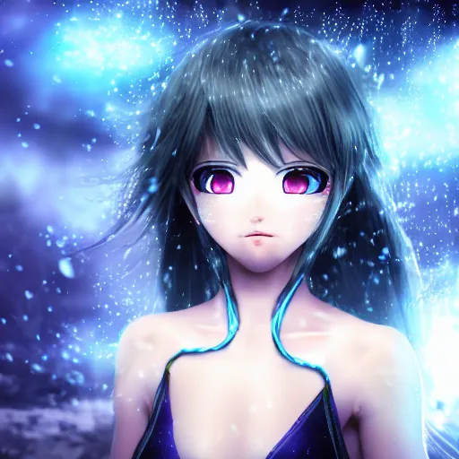 Prompt: photorealistic full body shot of masterpiece angry darkness anime girl, beautifull lovely eyes, electric aura with particles, snowing frozen ice, darkness background, inspired by masami kurumada, detailed, unreal engine 4 k, volumetric light, fog