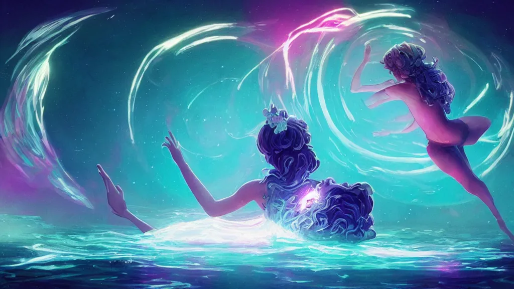 Image similar to a beautiful whimsical goddess floating above a lake basking in the moonlight, casting a spell, underneath a multi-colored binary blackhole with an accretion disc, glowing trails following her arms, acidwave, by Lois van Baarle, by Greg Rutkowski, by artgerm, by beeple, by studio ghibli, cinematic angle, volumetric lighting, 4k resolution, octane render, trending on artstation, masterpiece