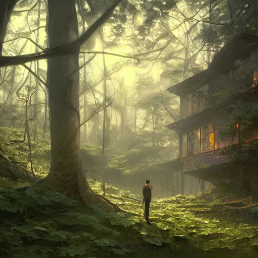 Prompt: a ultra detailed beautiful painting of a man exploring an abandoned house in a forest, oil panting, high resolution 4 k, by ilya kuvshinov, greg rutkowski and makoto shinkai