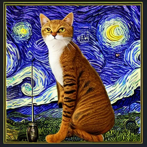 Image similar to in the style of starry night, d & d style full body portrait, tabaxi male in a tuxedo, in the style of starry night.