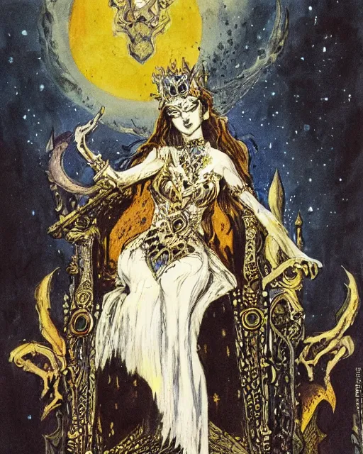 Prompt: an illustration of a dark queen on a throne at night by marc davis and by gustave moreau, realistic, gouache, painting