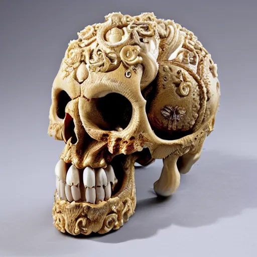 Image similar to an intricately detailed carving in an human - octopus skull, rococo ornate bone and ivory sculpted skull with teeth and tentacles, horror, artifact, micro detailed, inscribed with occult symbols, otherworldly