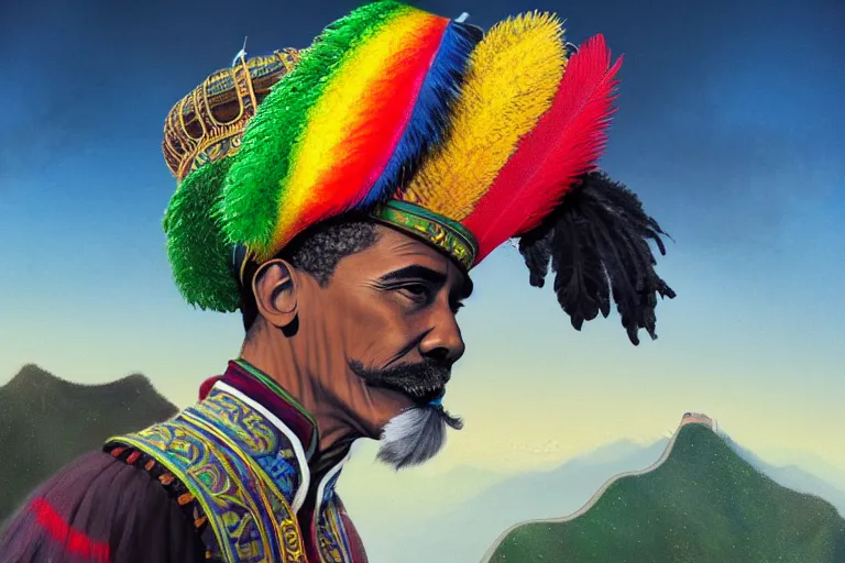 Prompt: rasta obama, on great wall of china, close up, wearing crown of bright feathers, long white moustache, artstation, fantasy, intricate, beautiful, cinematic, octane render, arnold render, 8k, hyperrealism, detailed, sharp focus, 4k uhd, masterpiece, award winning, painting by Ivan Aivazovsky and Greg Rutkowski