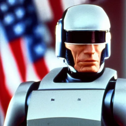 Image similar to color film still of Joe Biden as robocop in movie robocop 1987, crime fighting, photorealistic, 8k, XF IQ4, 150MP, 50mm, F1.4, ISO 200, 1/160s, natural light