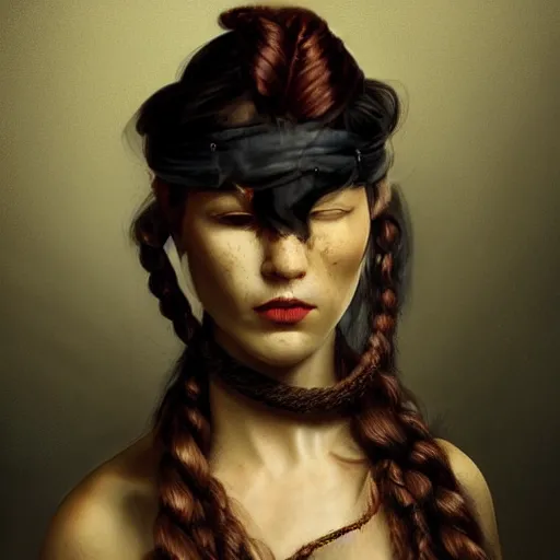 Image similar to portrait of a Shibari rope wrapped face and neck, headshot, insanely nice professional hair style, dramatic hair color, digital painting, of a old 18th century, tourist, wrap around eye patch, amber jewels, baroque, ornate clothing, scifi, realistic, hyper detailed, child, chiaroscuro, concept art, art by Franz Hals and Jon Foster and Ayami Kojima and Amano and Karol Bak,