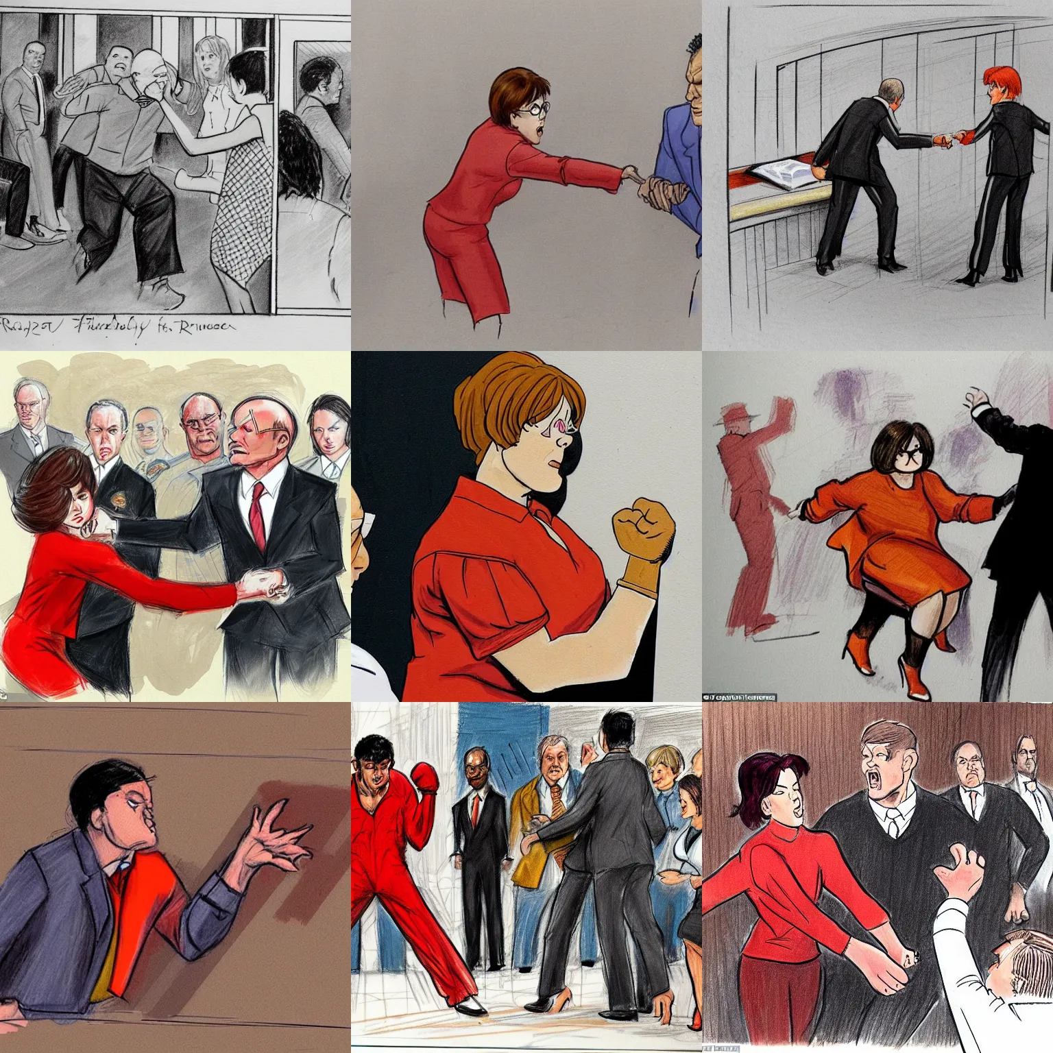 Prompt: Freddy punches Velma in a fit of rage, court room sketch, judge yelling, jury baffled